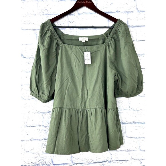 New Loft Army Green Size XL Boho Top Short Sleeve Babydoll Blouse Square Neck U4 - Picture 2 of 12